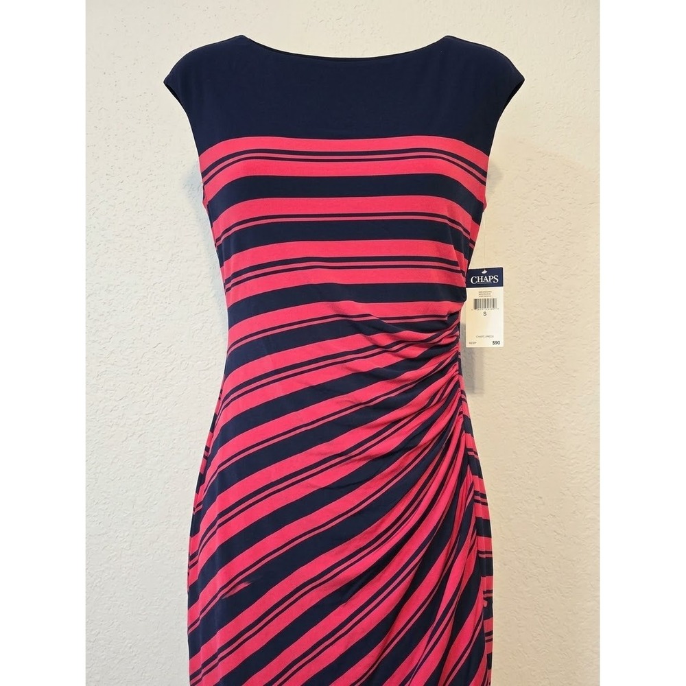 Chaps Womens Navy Blue Pink Striped Ruched Sheath Dress Sleeveless Size S NWT